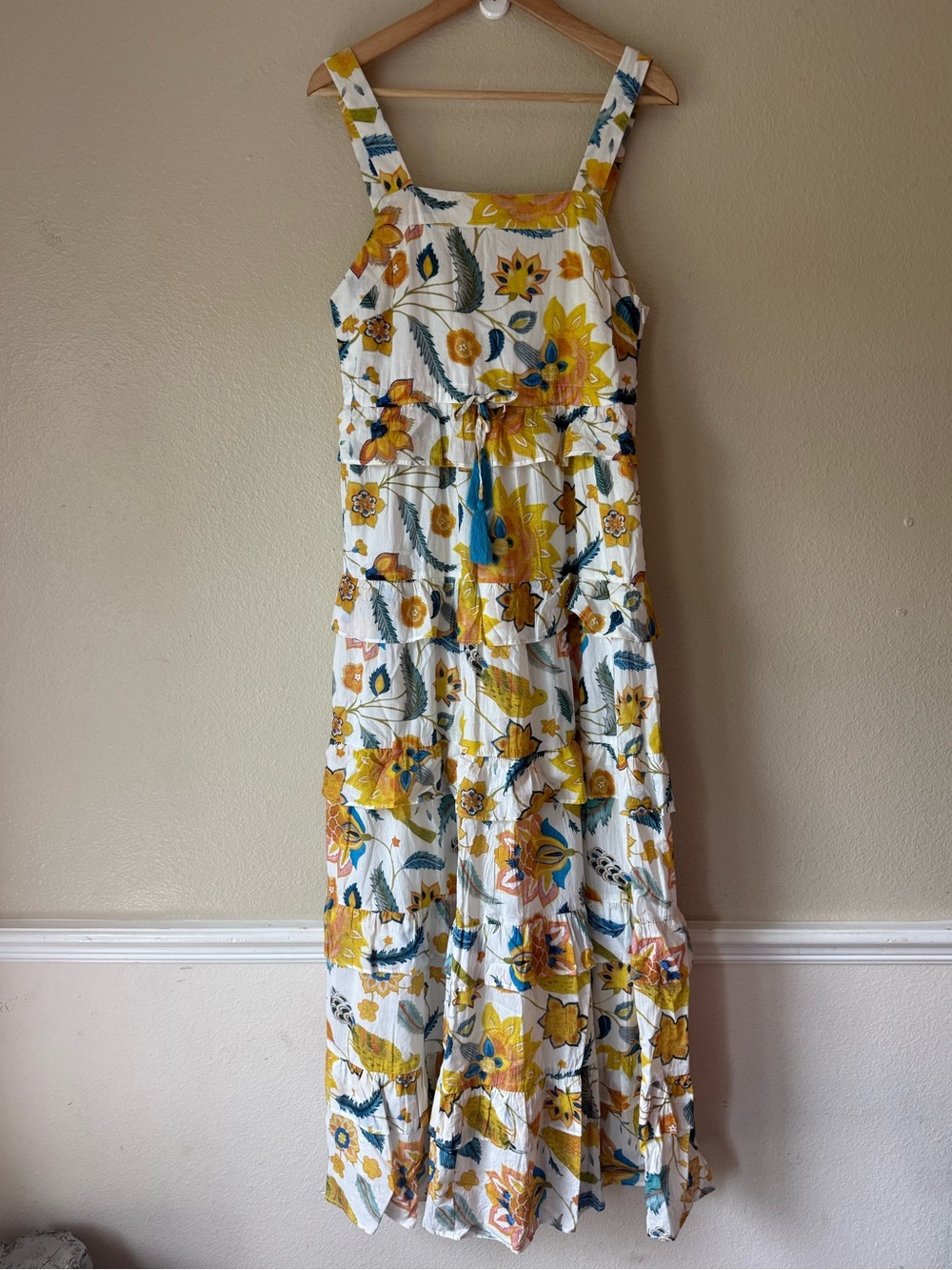 RO’S GARDEN Anthropologie Tiered Maxi Dress with Yellow and Blue Floral Print